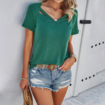 Women's Casual Solid Color Short Sleeve V-Neck T-Shirt Wholesale Womens Clothing N3823122900119
