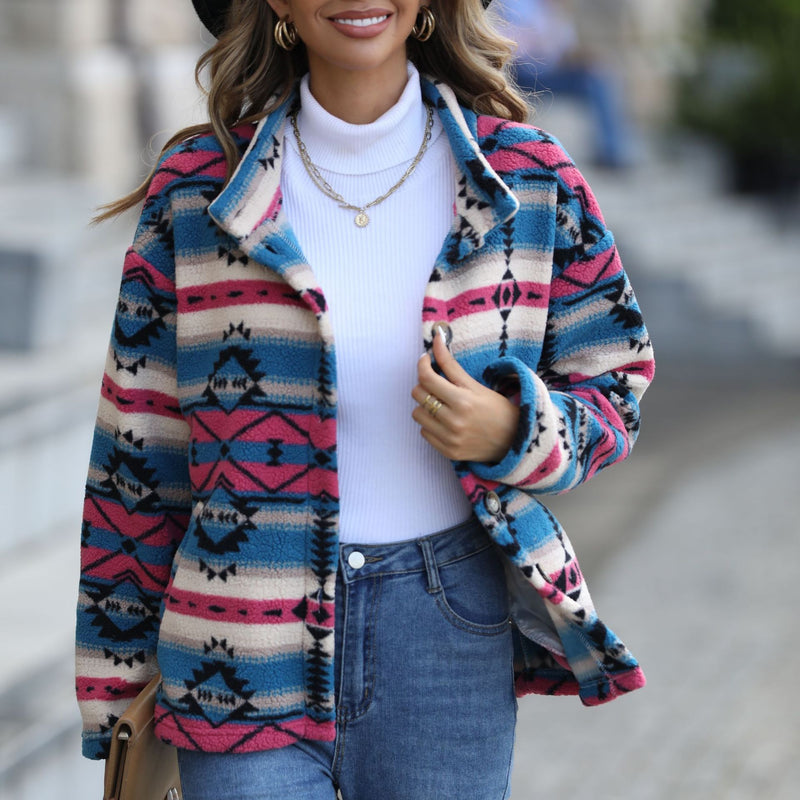 Casual Plush Single-Breasted Geometric Pattern Austrian Fleece Jacket Wholesale Womens Clothing N3823111600042