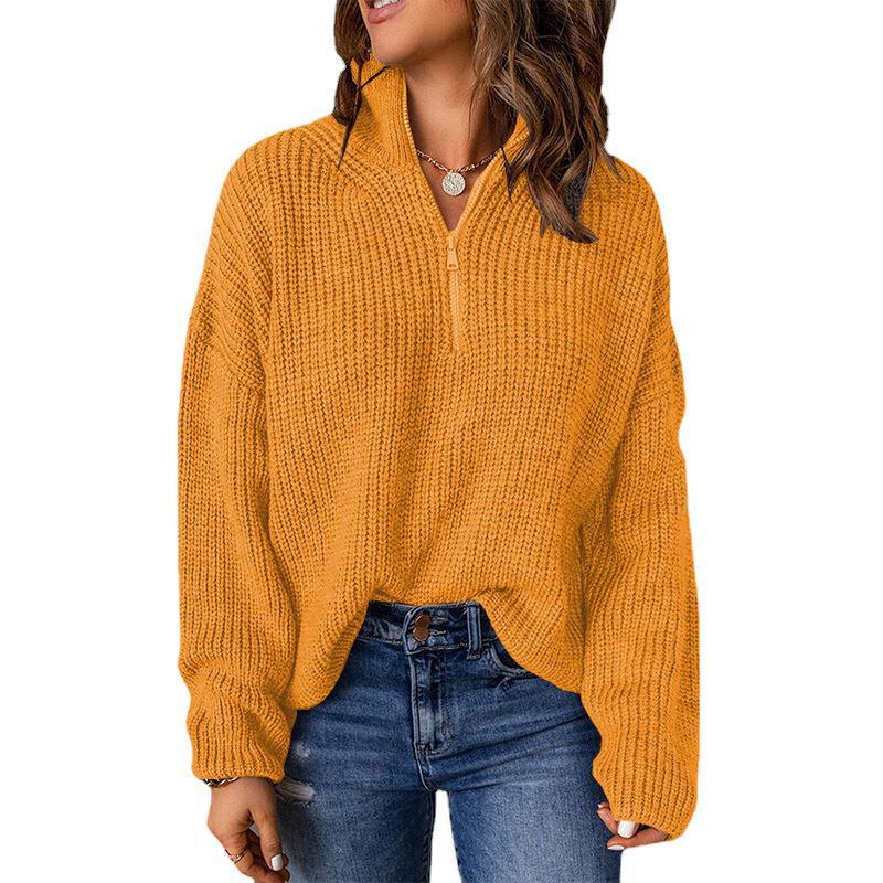 Loose Solid Colour Pullover High Neck Zip Knit Sweater Wholesale Womens Tops