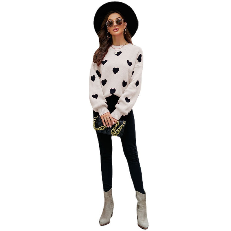 Casual Valentine'S Day Heart Print Long Sleeve Pullover Knit Sweater Wholesale Womens Tops