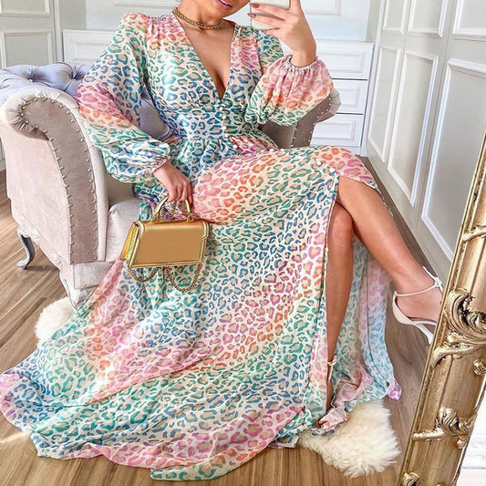 Deep V Lantern Sleeves Colored Leopard Casual Print Maxi Dresses Wholesale Womens Clothing N3823120600140