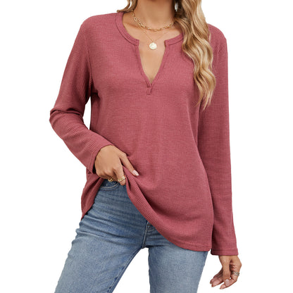 Loose V-Neck Long-Sleeved Solid Color Casual T-Shirts Wholesale Womens Clothing N3824091200017