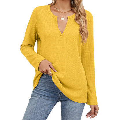 Loose V-Neck Long-Sleeved Solid Color Casual T-Shirts Wholesale Womens Clothing N3824091200017