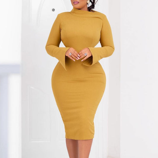 Long-Sleeved Hip-Hugging Slant-Neck Solid Color Dress Wholesale Plus Size Womens Clothing N3823101700046