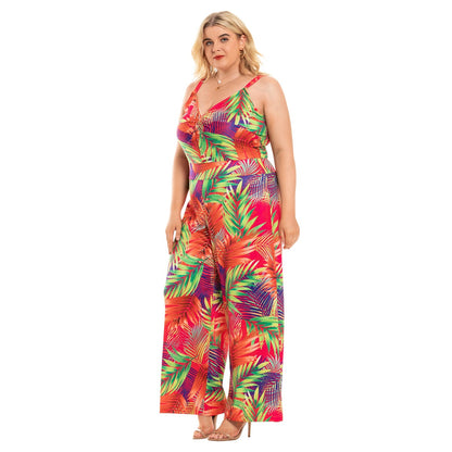 Plus Size V Neck Strappy Printed Wide Leg Jumpsuit Wholesale Womens Clothing N3824080300053