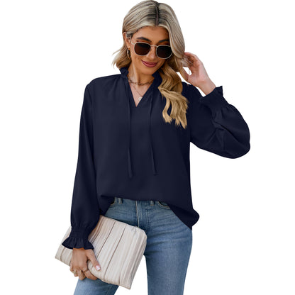 Loose Soft Long Sleeve V-Neck Tie Chiffon Shirt Wholesale Womens Tops