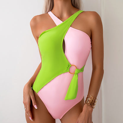 Halter Neck Color Block One Piece Swimsuit Wholesale Womens Clothing N3824052500010