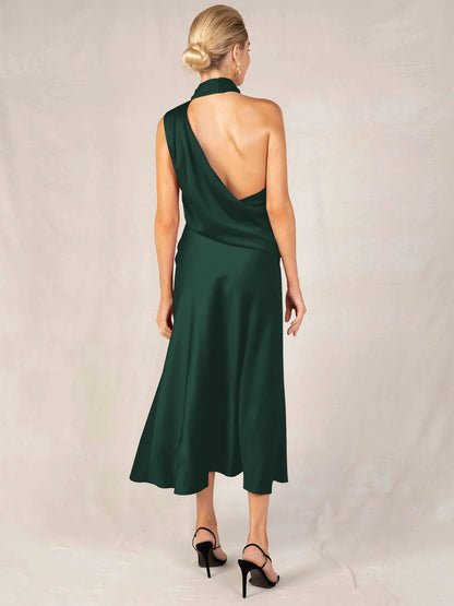 Satin Halter Neck Solid Color Open Back Sleeveless Slit Dress Wholesale Dresses