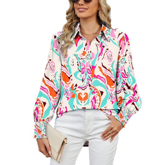 Women's Shirts Lapel Long Sleeve Loose Printed Blouse Wholesale Womens Clothing N3824072900063