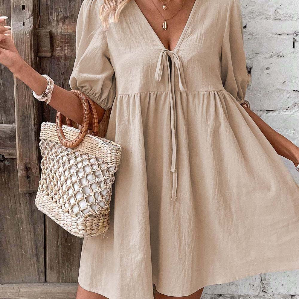 Loose Woven Deep V-Neck Tie Dresses Wholesale Plus Size Womens Clothing N3824052000058