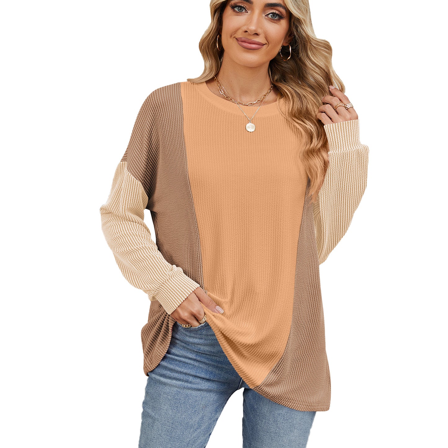 Round Neck Splicing Color Loose Pullover Long Sleeve Sweater Wholesale Womens Clothing N3824091200022