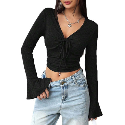 V Neck Flare Sleeve Tee Solid Color Long Sleeve Crop Tops Wholesale Womens Clothing N3824070500023