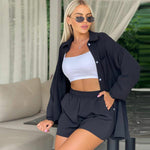 Women's Long Sleeve Cardigan Shirt Solid Color Shorts Two Piece Set Wholesale Womens Clothing N3823120800033