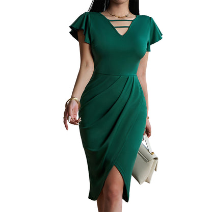 Commuting Slim Elegant V-Neck Bell Sleeve Long Dress Wholesale Dresses