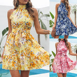 Temperament Sleeveless Lace-Up Ruffled Hem Floral Dress Wholesale Dresses