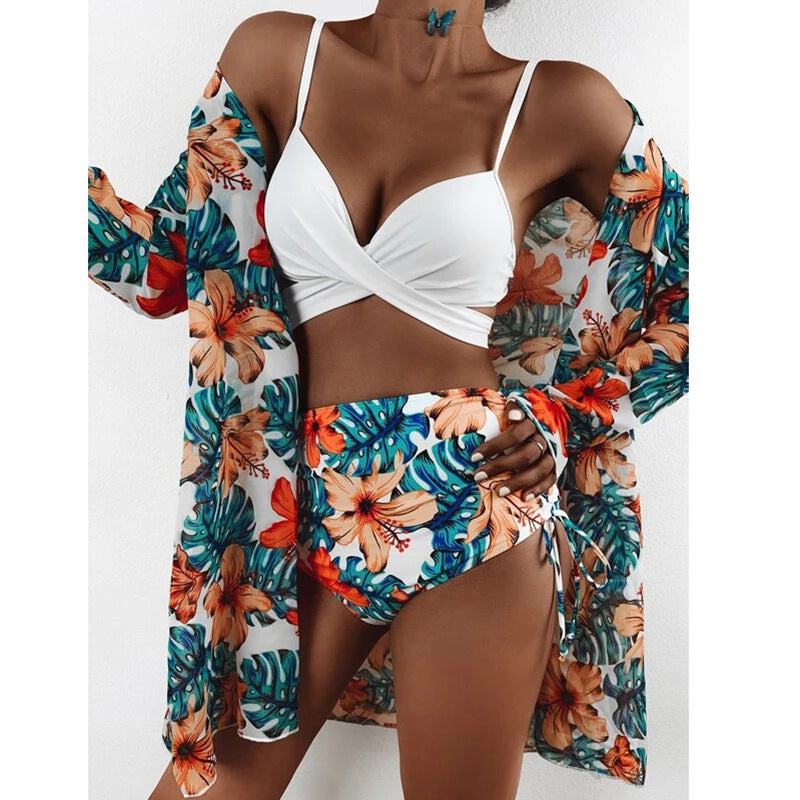 Hollow Strap Printed High Waist Bikini Three Piece Set Wholesale Women'S Clothing