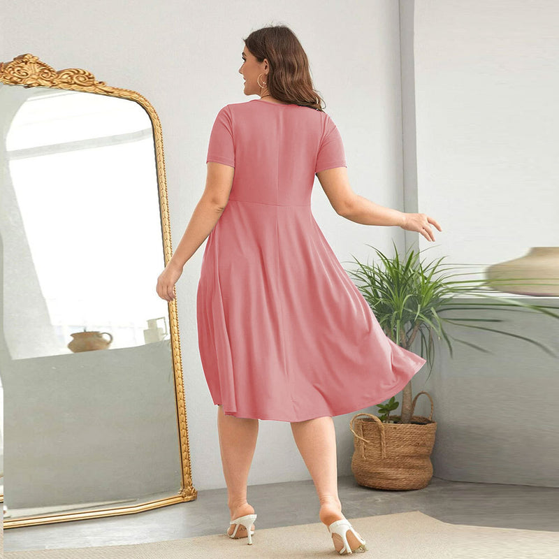 Wholesale Plus Size Clothing V-Neck Waistline Hem Short-Sleeved Dress