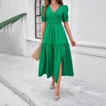 Solid Color Shirred V Neck Short Sleeve Maxi Dresses Wholesale Womens Clothing N3824040100118