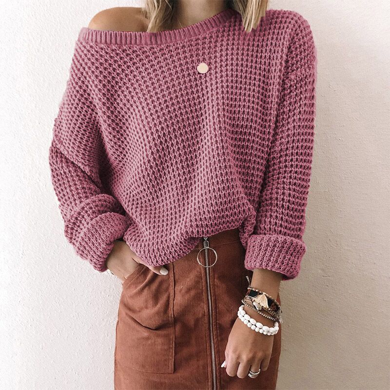 Solid Color Loose Slant Neck Pullover Long Sleeve Knit Top Wholesale Womens Tops