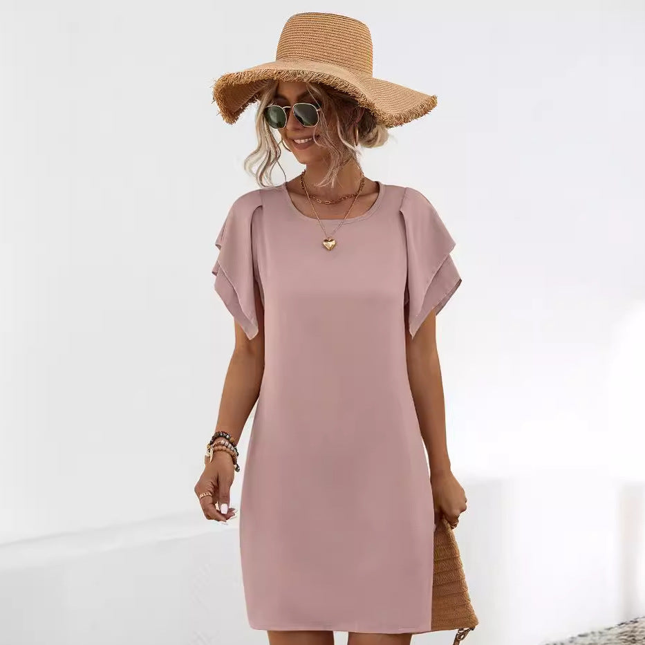 Double Ruffle Sleeve Solid Color Dresses Wholesale Womens Clothing N3824042900055