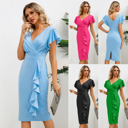 V-Neck Ruffled Slim Fit Dresses Wholesale Womens Clothing N3824062100035