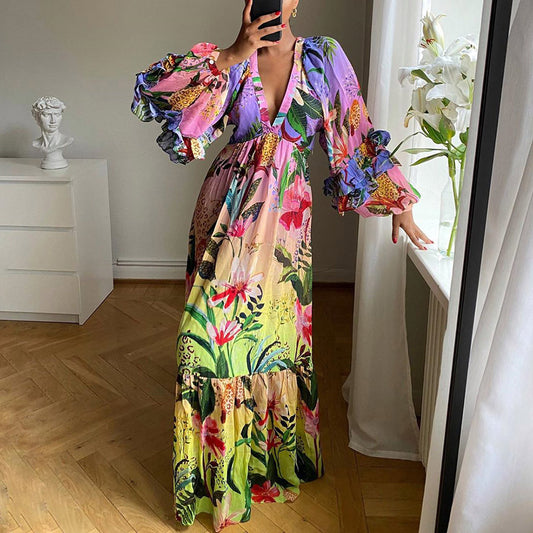 Sexy Flower Print Gradient Color Ruffle V-Neck Long Dresses Wholesale Dresses