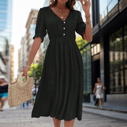 Waisted V-Neck Solid Color Midi Dresses Wholesale Womens Clothing N3824062800037