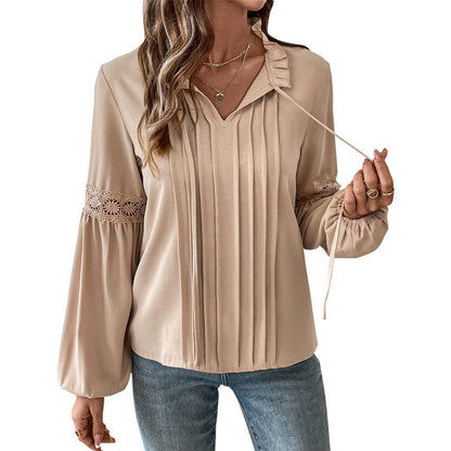 Lace-Up V-Neck Solid Color Pleated Shirts Wholesale Womens Clothing N3824112000014