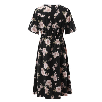 Plus Size Women's Floral Printed V-Neck Waist Dress Wholesale Plus Size Womens Clothing N3824052500007