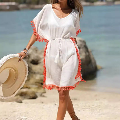 Cotton Tasseled Trim Colorblocked Beach Dresses Bikini Coverup Wholesale Womens Clothing N3824081300002