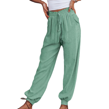 Casual Solid Color Drawstring Elastic Waist Haren Pants Wholesale Womens Clothing