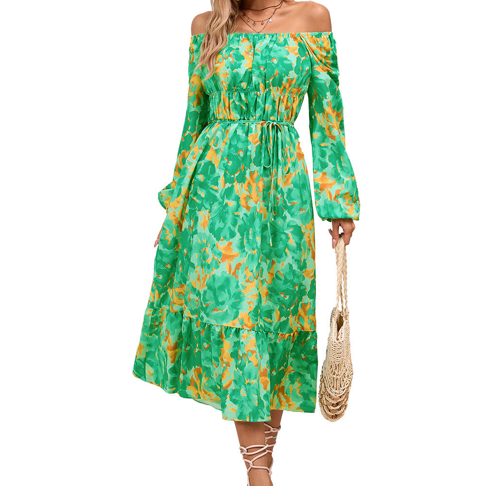 Long Sleeve Printed Fitted Midi Dresses Wholesale Womens Clothing N3824070500014