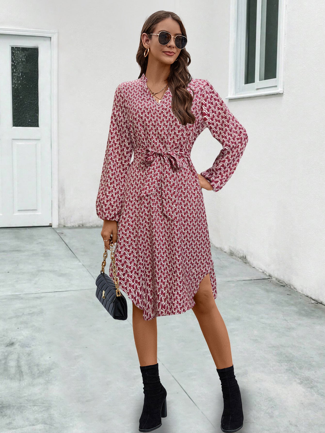 Spring Fall Long Sleeve Belted Midi Dresses Wholesale Womens Clothing N3824062800054