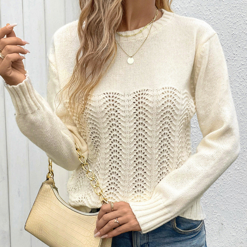 Knitted Round Neck Hollow Solid Color Sweater Wholesale Womens Clothing N3824091200030