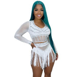 Sexy Long-Sleeved Diamond Mesh See-Through Top And Tassel Skirt Set Wholesale Women'S 2 Piece Sets