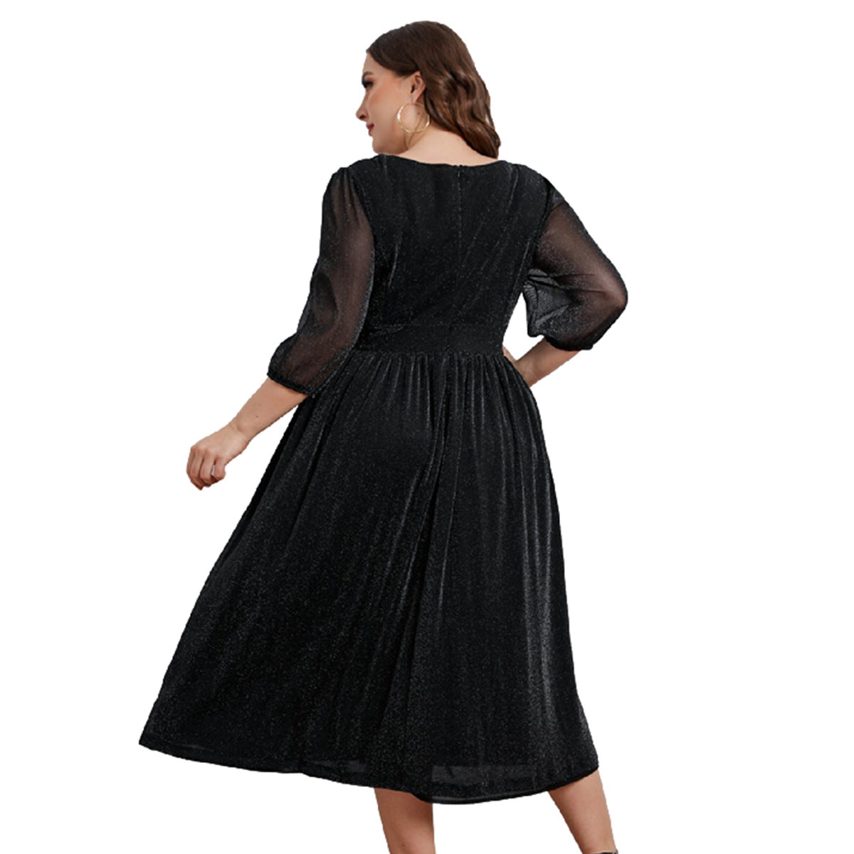 Plus Size V-Neck 3/4 Sleeves Mid-Length Mesh Dresses Wholesale Womens Clothing N3824080300021