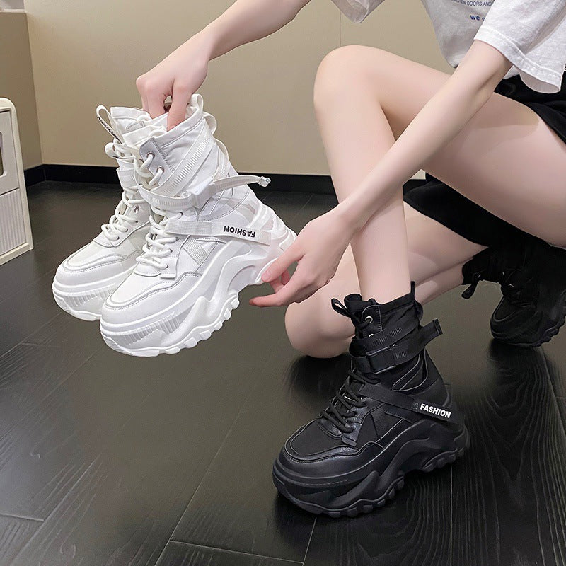 Simple Solid Color High Top Thick Bottom Heightening Sneakers Wholesale Womens Clothing