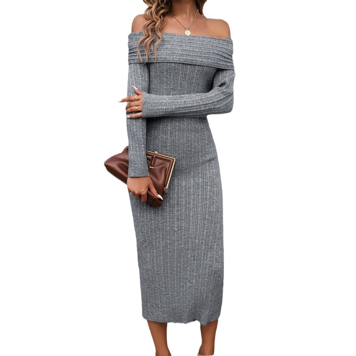 Off-shoulder Slim Knitted Long Sleeve Dresses Wholesale Womens Clothing N3824090300031