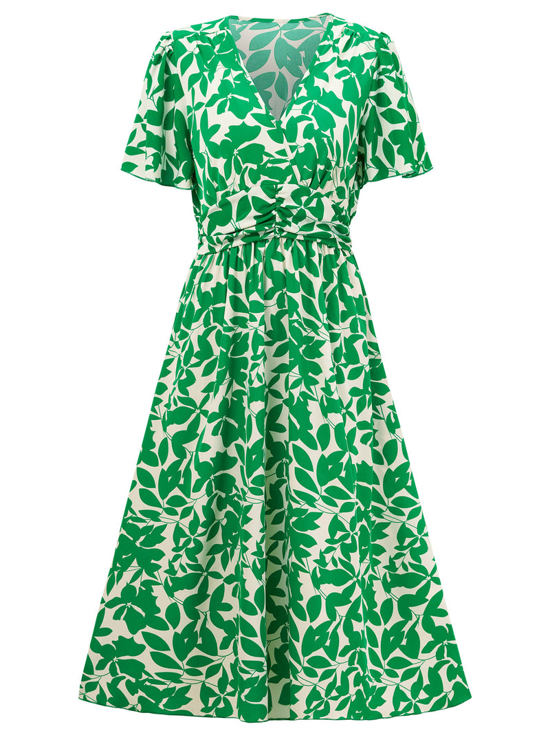 V-Neck Short-Sleeve Waisted Floral Print Dresses Wholesale Womens Clothing N3824041600042