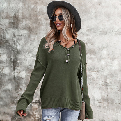 Fashion Solid Color Long Sleeve V-Neck Half-Button Top Wholesale Womens Tops