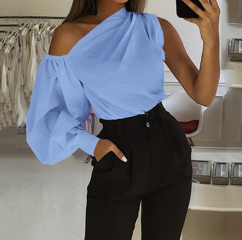 Asymmetric One Sleeve Women's Shirt Solid Color Top