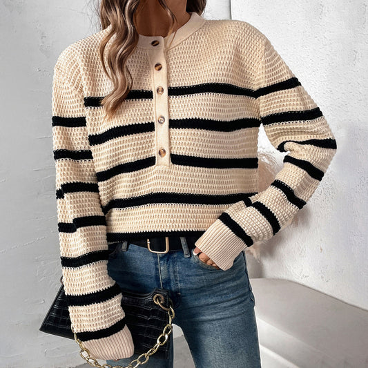 Button Detachable Striped Loose Sweater Wholesale Womens Clothing N3824091200027