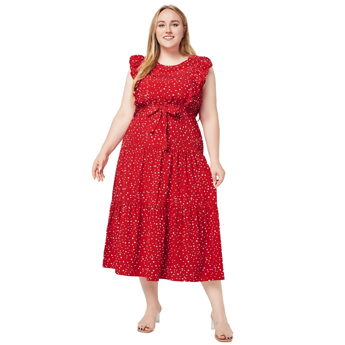 Plus Size Round Neck Ruffle Sleeveless Polka Dot Dress With Belt Wholesale Womens Clothing N3824080300033