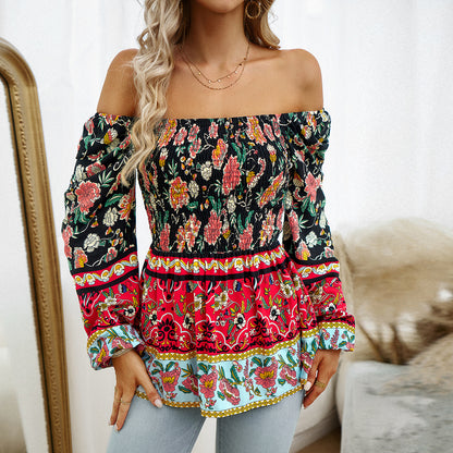 Square Neck Bubble Sleeve Floral Printed Top Wholesale Womens Tops