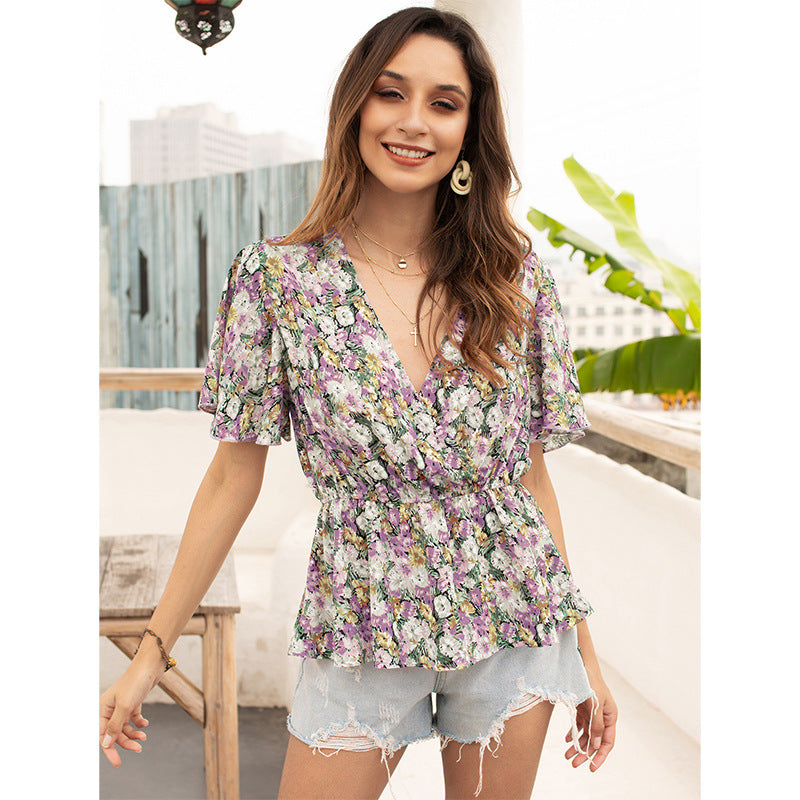 Fashion V-Neck Ruffle Sleeve Floral Waist Shirt Wholesale Womens Tops