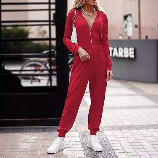 Hooded Long Sleeve Zipper Casual Sports Jumpsuit Wholesale Womens Clothing N3824121200048