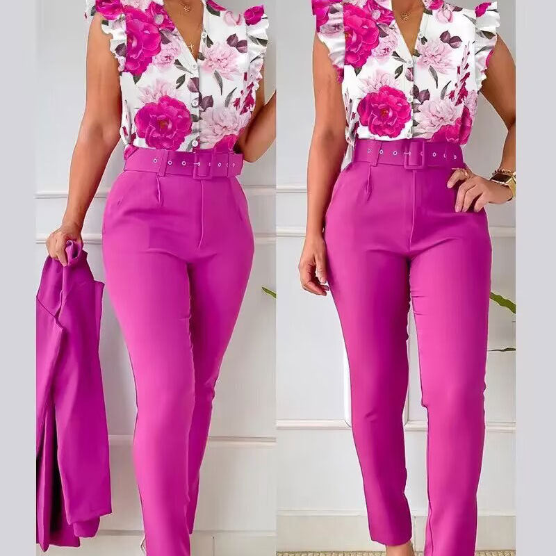 Casual V-Neck Ruffle Sleeve Top And Solid Colour Lace-Up Trouser Set Wholesale Women'S 2 Piece Sets