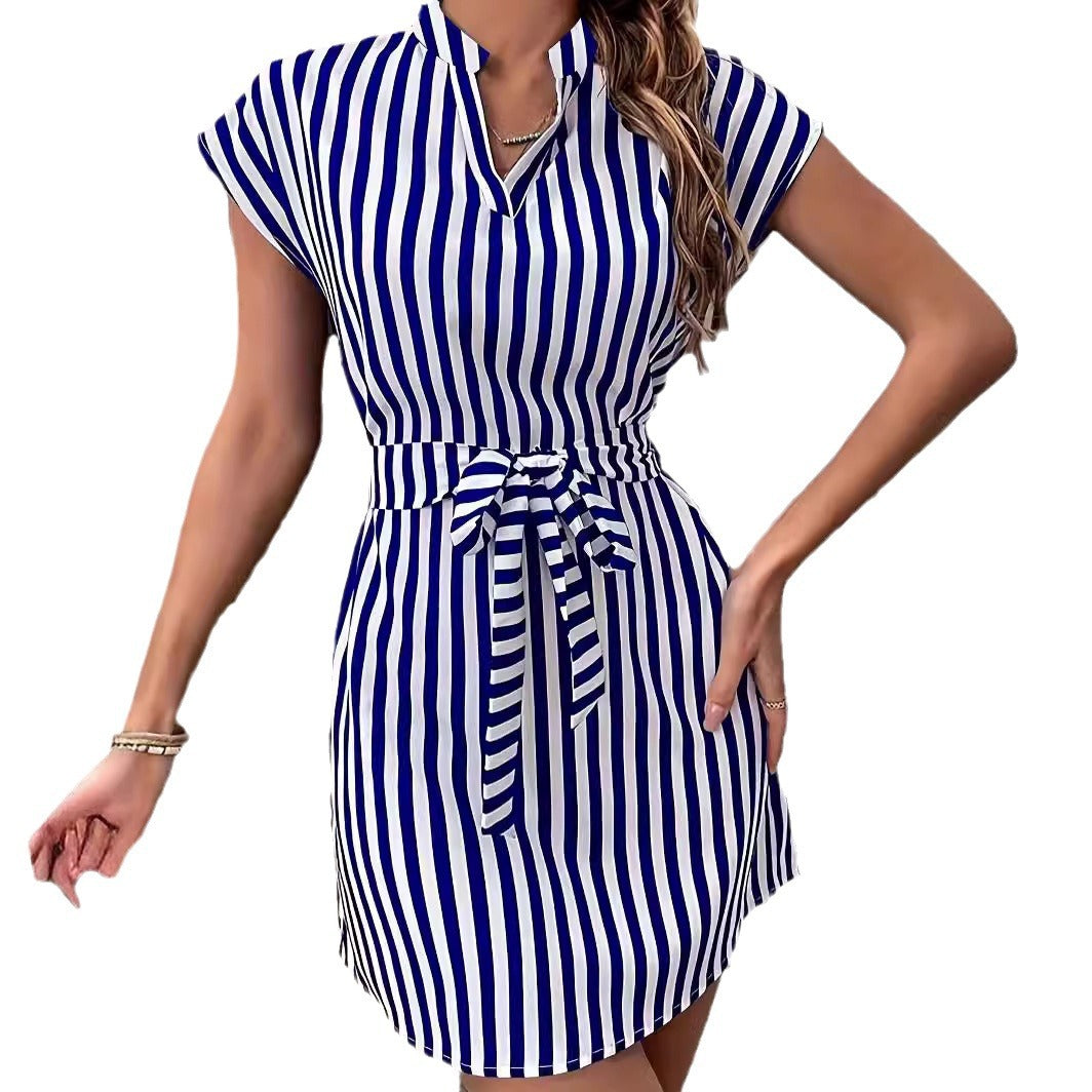 Sleeveless Striped Tie Lapel Dresses Wholesale Womens Clothing N3824080900023