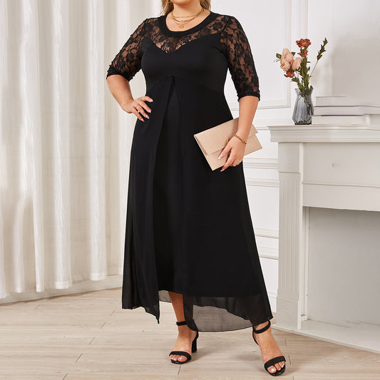 Plus Size Round Neck Lace Patchwork V-Neck Big Hem Dresses Wholesale Womens Clothing N3824080300001