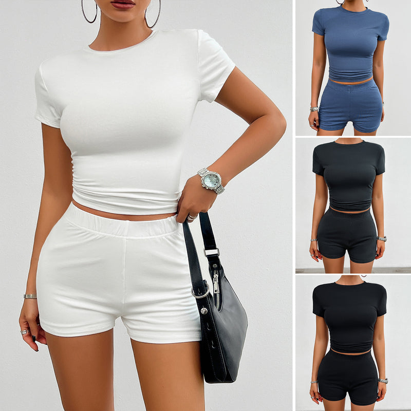 Solid Color Slim Fit Short Sleeve Shorts Sets Wholesale Womens Clothing N3824041600002